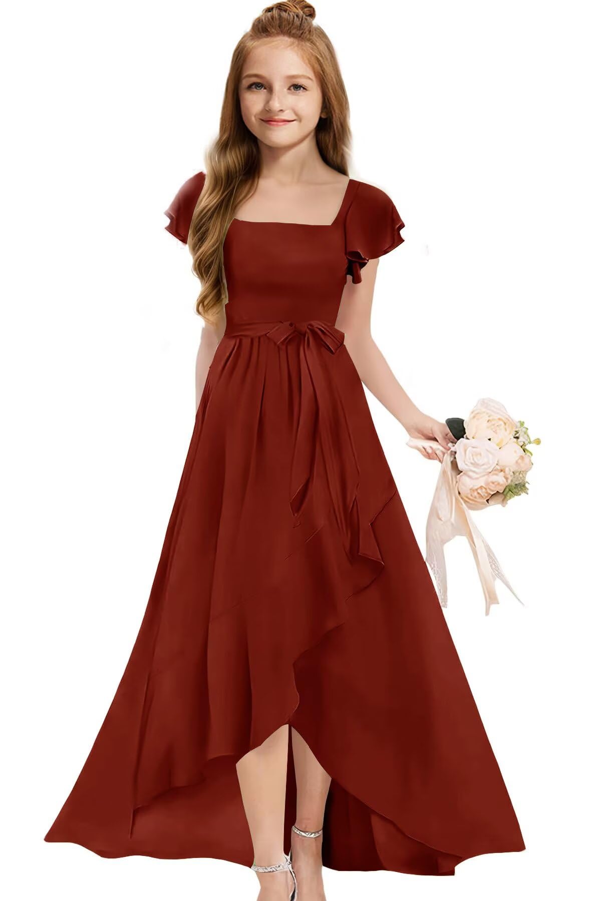 MRHUSH Junior Bridesmaid Dresses for Teen Girls Formal Dress Short Sleeve Chiffon Flower Girl Dresses for Wedding Party