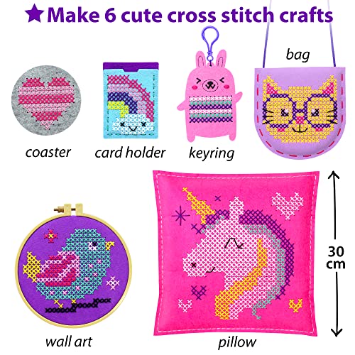 KRAFUN My First Cross Stitch Kit for Kids Ages 5-12, 6 Beginner Arts & Crafts Projects with Keyring, Bag, Pillow - Image 3