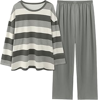 Conjunto de pijama para mujer, cómodo, a rayas, degradado, color puro, de algodón de imitación, casual, holgado, pantalones de manga larga, traje de zapatillas, para niñas