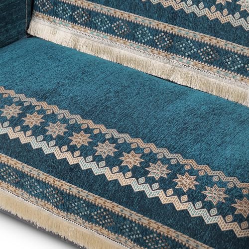 Image of Elegant Woven Turquoise Sofa Cover - Soft Chenille Traditional Pattern with Lace Style | L-Shape Sectional Seat Protector for Living Room | Durable & Stylish Slipcover 2 Seater Sofa