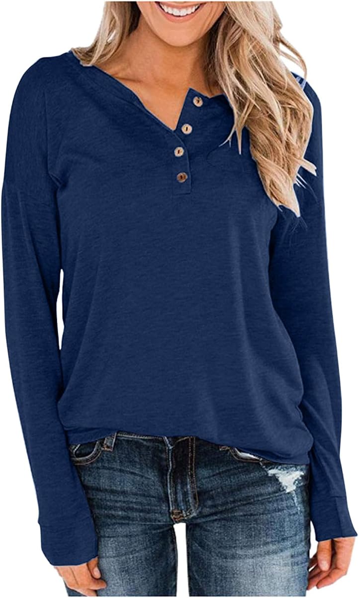 Generic Camisas Henley de manga larga para mujer, cuello en V, casual, sueltas, con botones, blusas de otoño, ropa casual de moda 2024