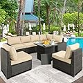 Furnimy Outdoor Furniture Patio Furniture Sets Conversation Sets Sectional Sofa Couch Wicker Rattan Balcony Furniture for Lawn,Garden,Porch and Poolside (Brown-Beige, w/Fire Pit Table Plus)