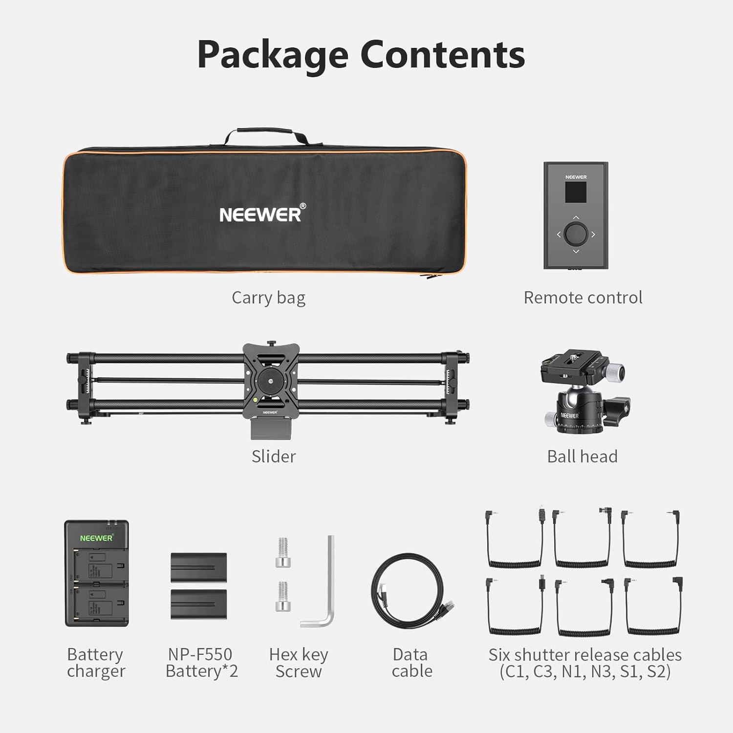 Diagram showing all components included in the Neewer camera slider package