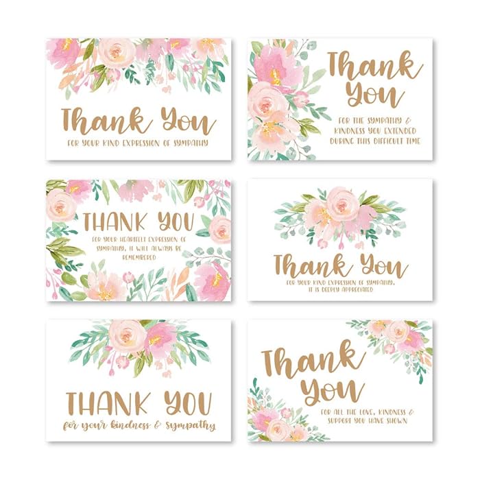 Buy 24 Pink Floral Sympathy Thank You Cards with Envelopes, Bereavement