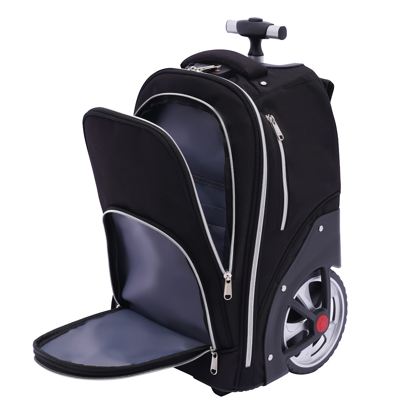 Trolley zaino da 45 l, zaino con ruote, impermeabile, portatile da 15 pollici, bagaglio a mano 3 in 1, ruota silenziosa, trolley in alluminio regolabile in altezza, per scuola, business