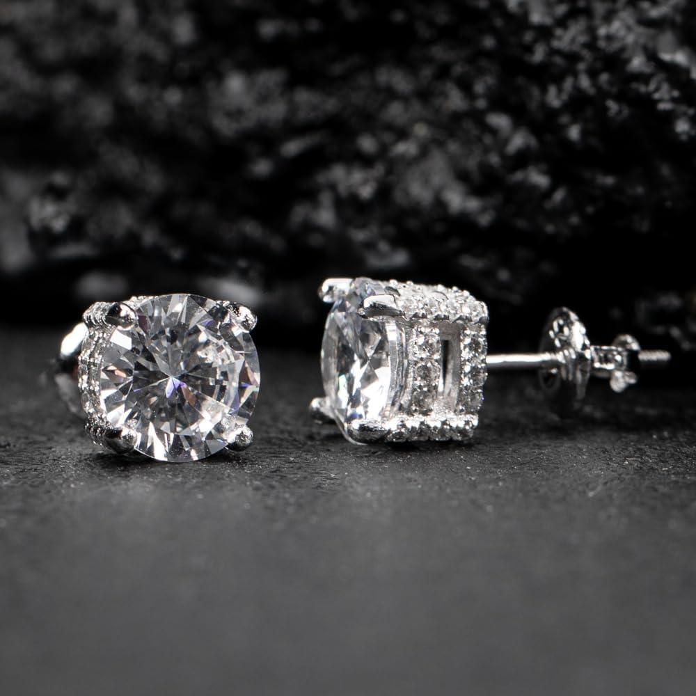 Men Women Classic White Gold Plated 925 Sterling Silver Fully Iced Cz Round Solitaire Stud Earrings Screw Back Stud Circle Earrings 9 Millimeters Unisex Nickel Free Small Earring Studs - Image 3