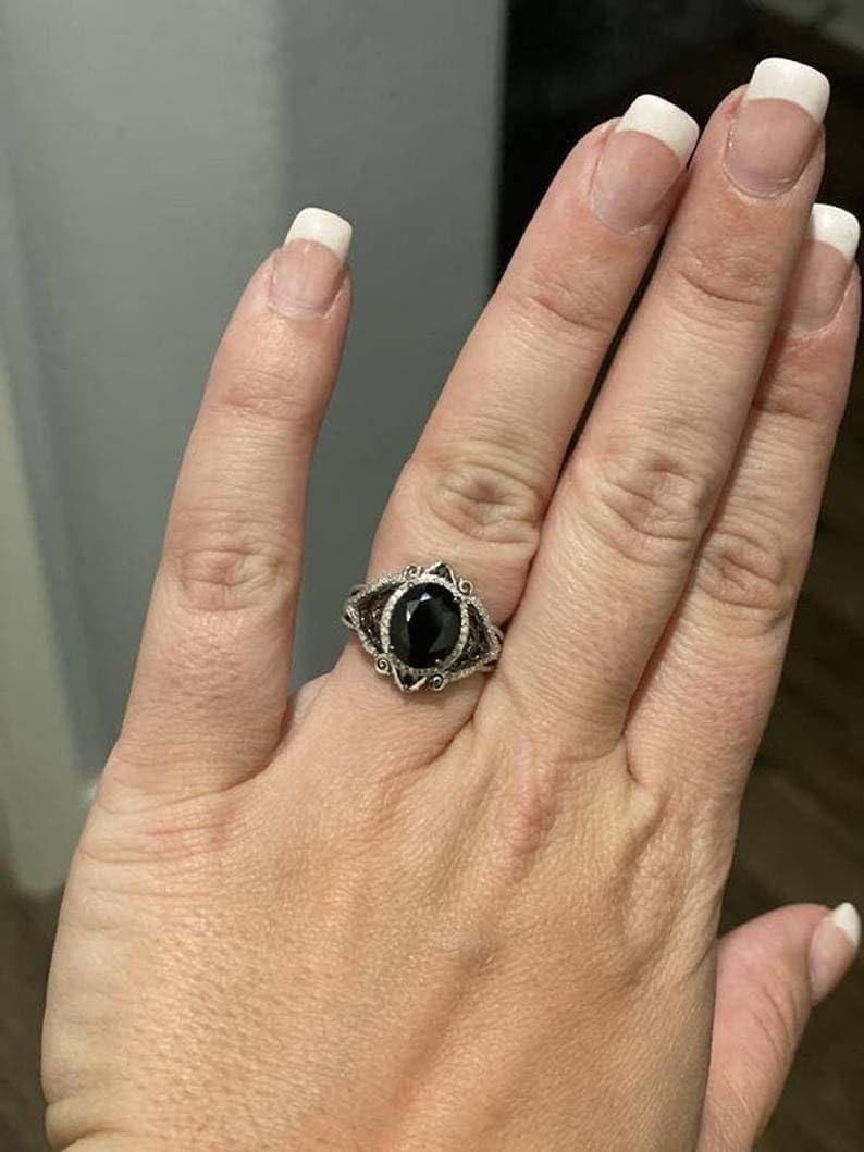 Nightmare Before Christmas Engagement Rings For Women 3.50 Ct Oval Cut Black Onyx Diamond 14K White Gold Over Movie Inspire Anniversary Ring 925 Sterling Silver Handmade Gift For Her