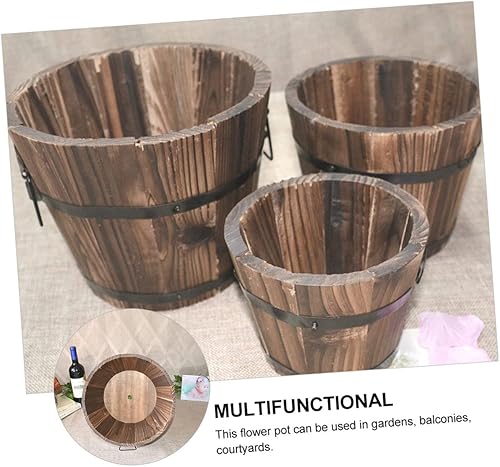 Miniatura 7 de Maceta de madera para suculentas, 3 piezas, macetas grandes para exteriores, macetas redondas rústicas, macetas de madera rústicas, macetas de