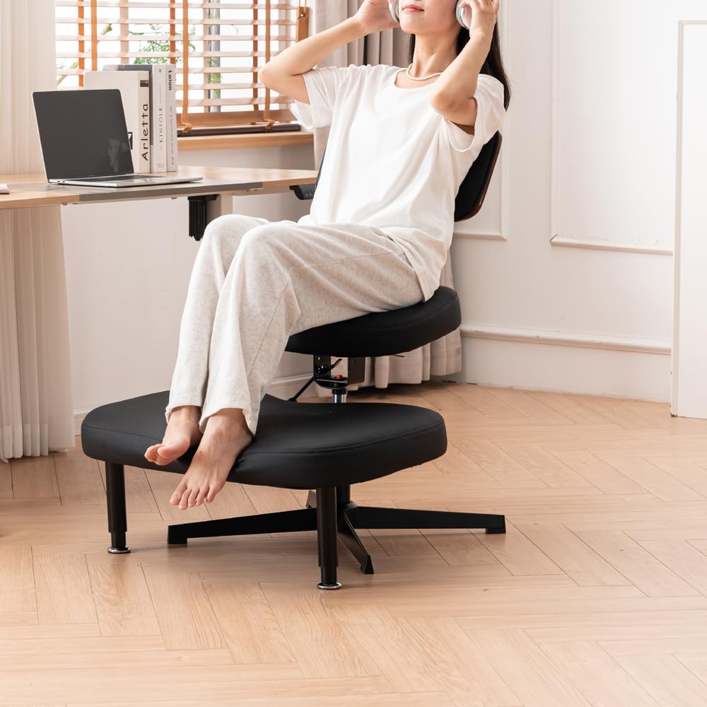 Ergonomic Cross Legged Chair for Home and Office, Versatile Kneeling Seat with Lumbar Support, Height & Angle Adjustable, Yoga Desk Chair, Black