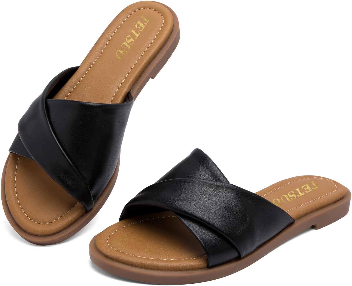 Womens Dressy Flat Sandals Open Toe Slip On Leather Slide Sandals Comfort Strappy Slippers for Summer