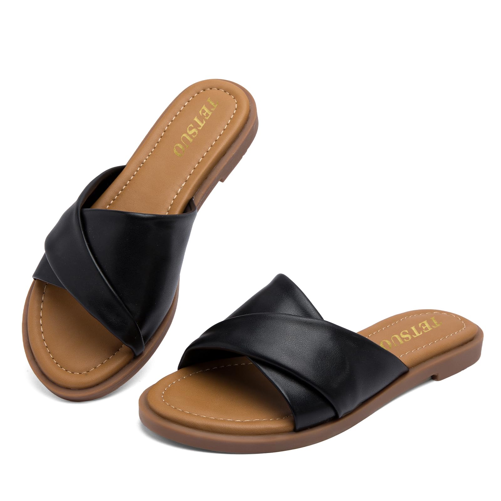 Womens Flat Sandals Open Toe Slip On Slides with Strap Slippers for Summer Slide Sandals