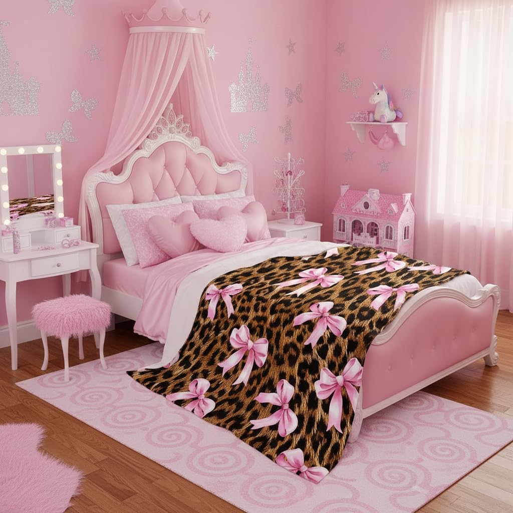 Castle Fairy Bowknot Leopard Fleece Blanket Girly Princess Pink Bow Blanket for Kids Teens Present Cheetah Fur Print Throw Blanket Western Country Queen 90x90 Inch Living Room Decor Flannel Blanket