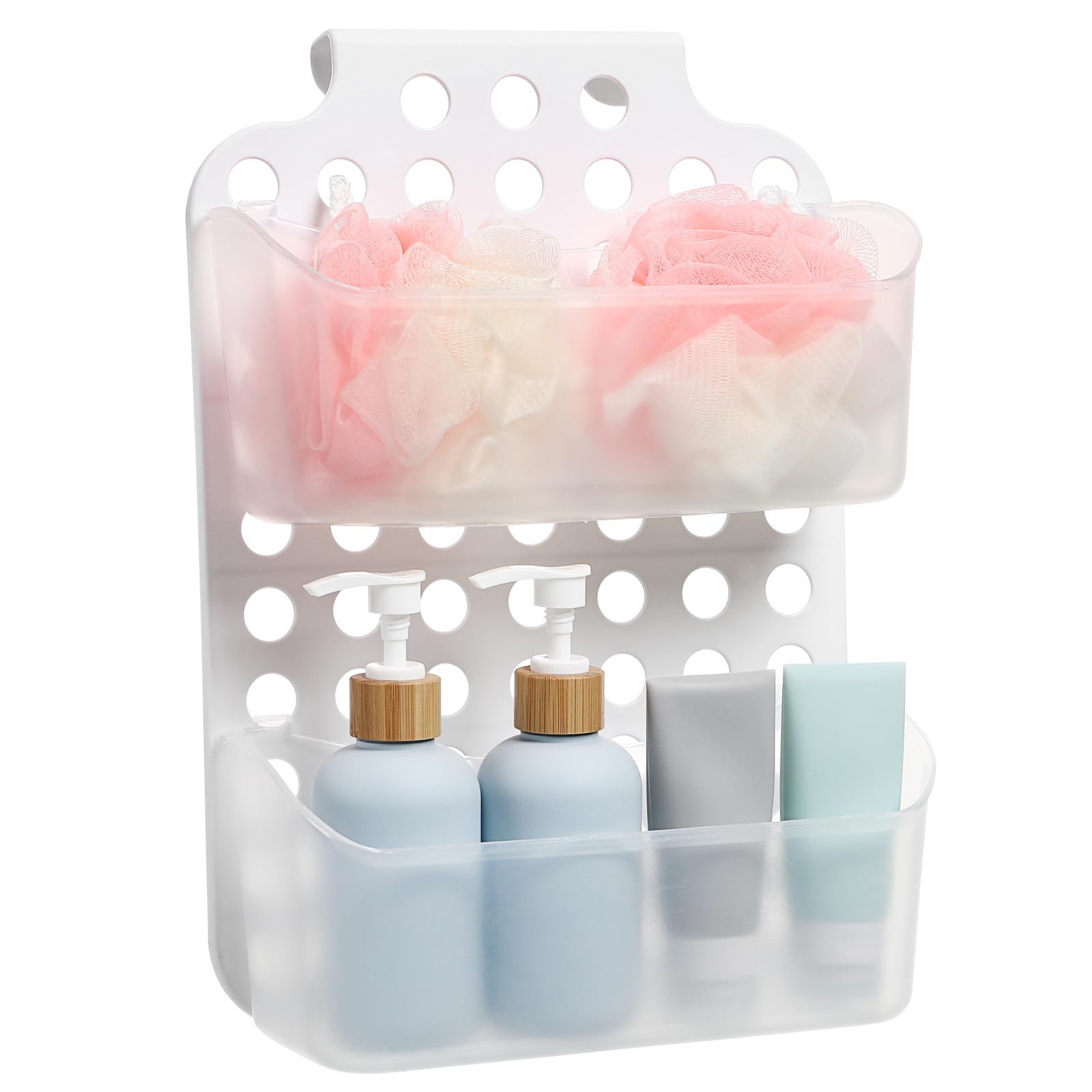 LIFKICH Wall-mounted Storage Rack No Punch Bathroom Organizer Adjustable Height Hanging Basket Space-saving Kitchen and Shower Caddy for