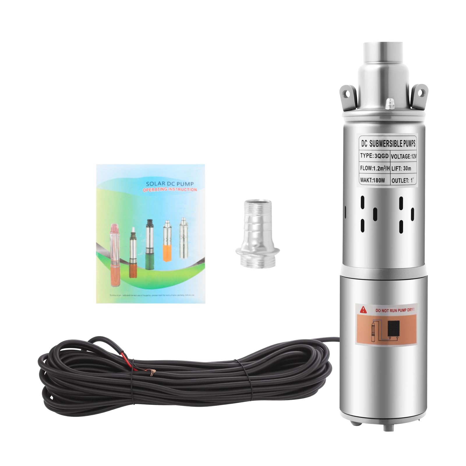 Deep Well Submersible Pump,1.2m³/h /98.43ft Lift 180W 3000rpm Electric Deep Bore Hole Farm Ranch Pump with 55.77ft Cable 12V Stainless Steel Deep Well Pump for Home Garden Agricultural Irrigation