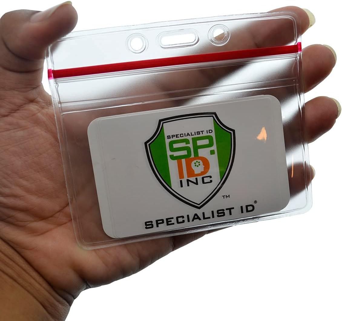 Bulk 100 Pack - Heavy Duty Badge Holder Horizontal with Resealable Zip Top - Clear Plastic Waterproof i’d Card Protector - Top Load Pouch w/Lock Zipper Closure for Office & Nurses by Specialist ID