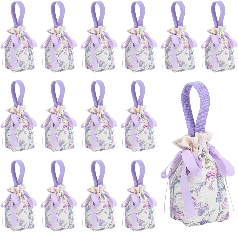 NBEADS 16 Pcs Floral Mini Gift Bags with Handles, Flower Printed Polyester Drawstring Pouches with Resin Imitation Pearl Cloth Gift Bags for Wedding Party Birthday Jewelry Packaging, Lilac