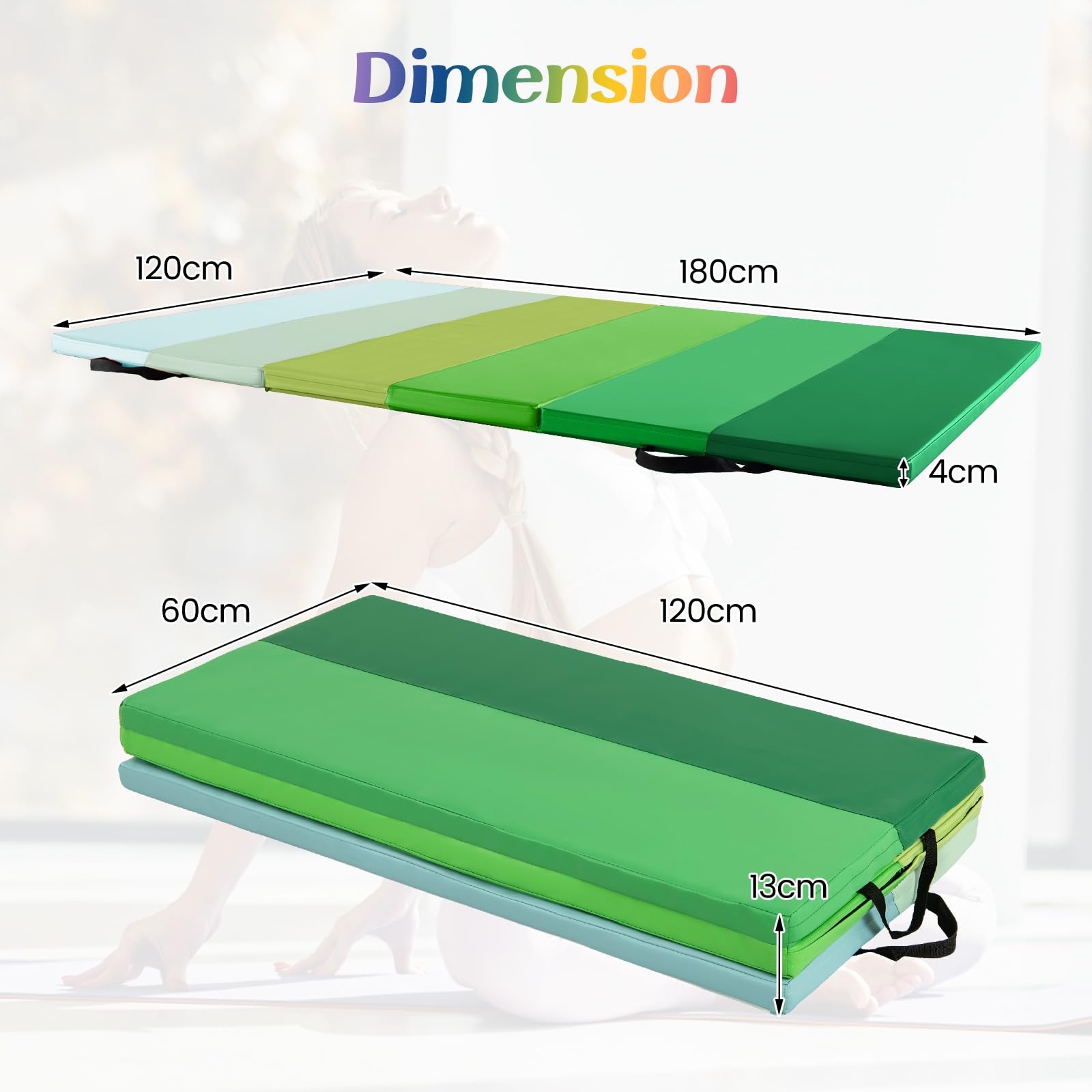 GOPLUS Tapis de Gymnastique Pliable Epais 3 Plis, 180 x 120 x 4 cm, Tapis de Gym en Cuir avec Attache Auto-agrippante, Matelas de Gym avec Poignée de Transport, pour Etirements, Yoga, Arts Martiaux