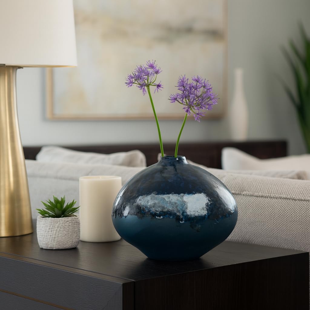 Decorative Gloss and Matte Pottery Vase for Living Room Decor - Decorative Home Accent for Bedroom, Office, and Shelf Display - Modern Flower Vase for House Entryway and Kitchen Table - 9", Blue