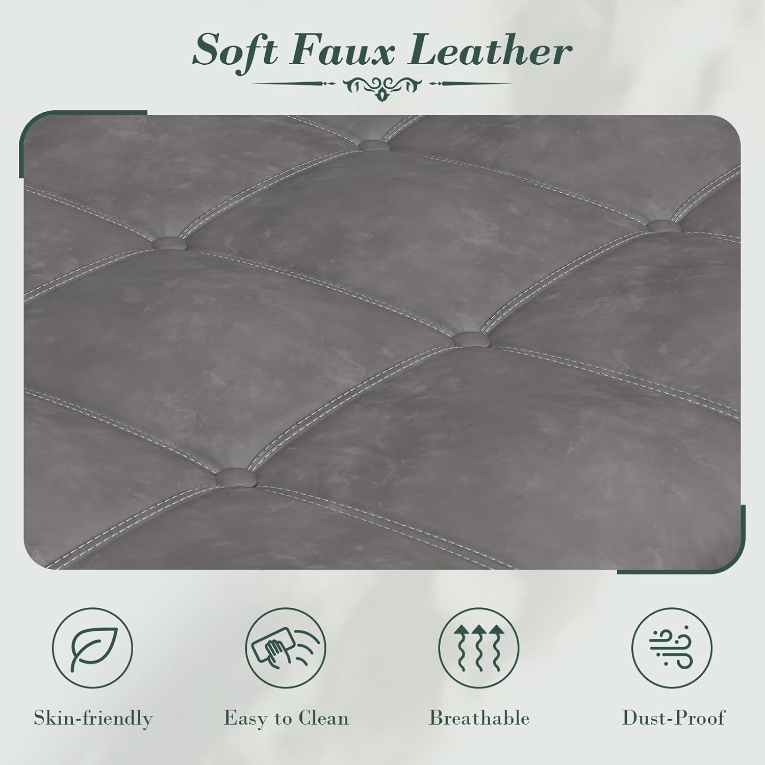 Apicizon 51” Bench with Storage, Upholstered Tufted Button Bedroom Bench with Storage, Faux Leather End of Bed Bench with Rolled Arms, Storage Ottoman Bench for Bedroom, Living Room, Entryway, Gray