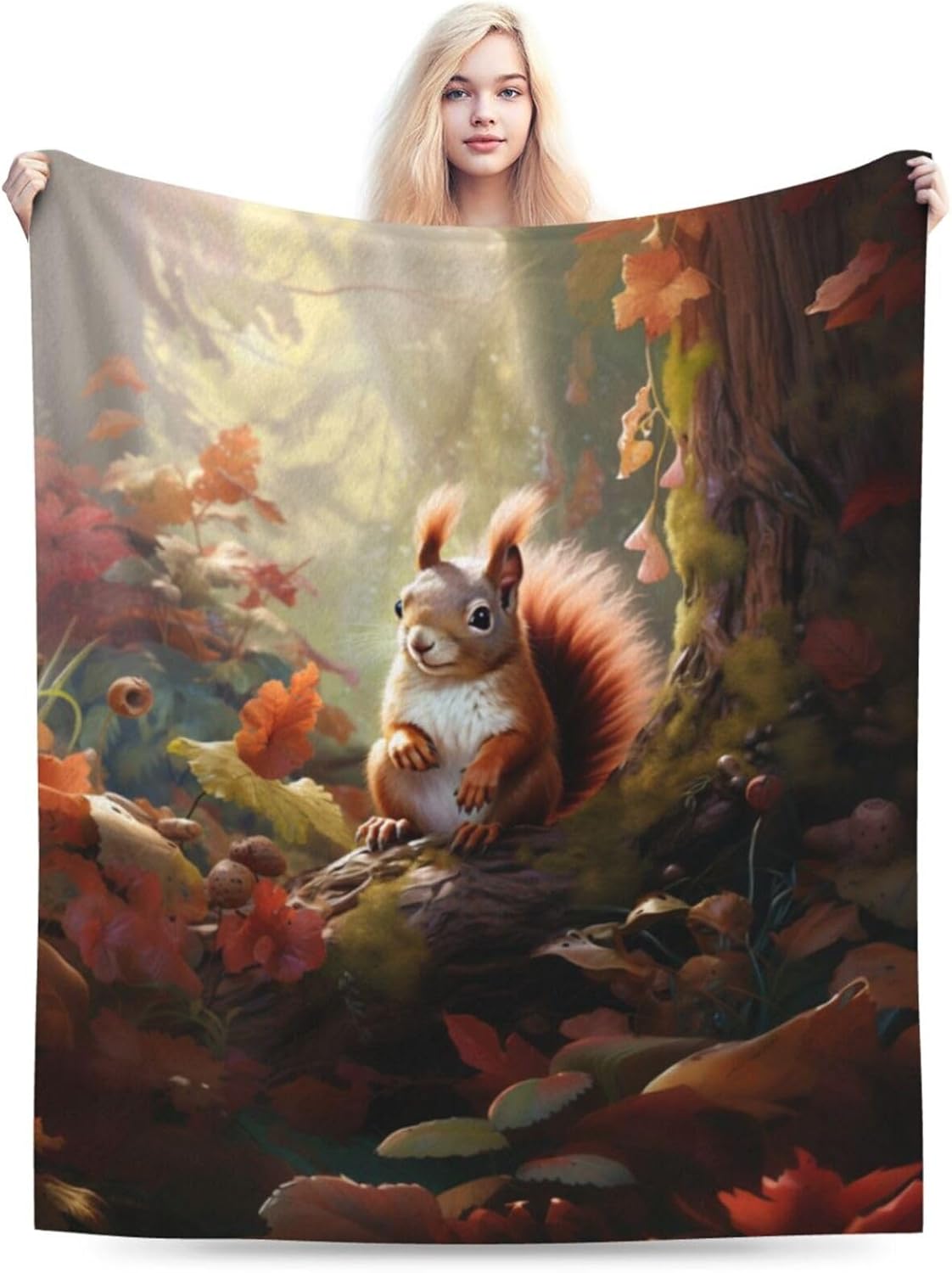 Cute Squirrel Art Print Flannel Blanket Lightweight Soft Fleece Animal Throw Blanket for Sofa Bed Women Men Children, 80"X60"