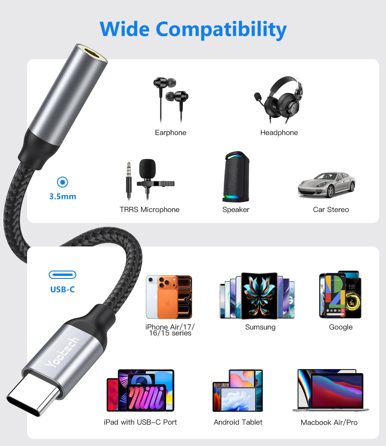 yootech Adaptateur USB C vers Jack 3,5mm pour Galaxy S23 S22 S21 Note 20, iPhone 17 16 15, Google Pixel 9/8