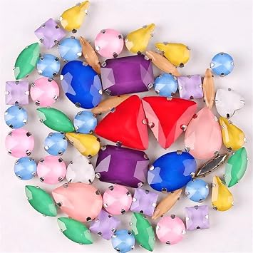 Sew-on Crystals, Silver Claw Settings Sew On Rhinestone 50Pcs/Bag Shapes Mix Aquamarine Glass Crystal DIY Applique