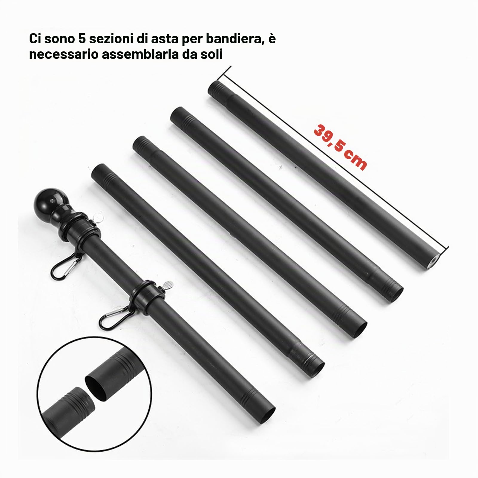 SOONHUA Asta per bandiera da giardino, 5 sezioni, in acciaio inox, resistente, anti-groviglio, lunghezza regolabile e antiruggine, per esterni, casa, giardino, cortile, tetto, pareti, 1,8 m