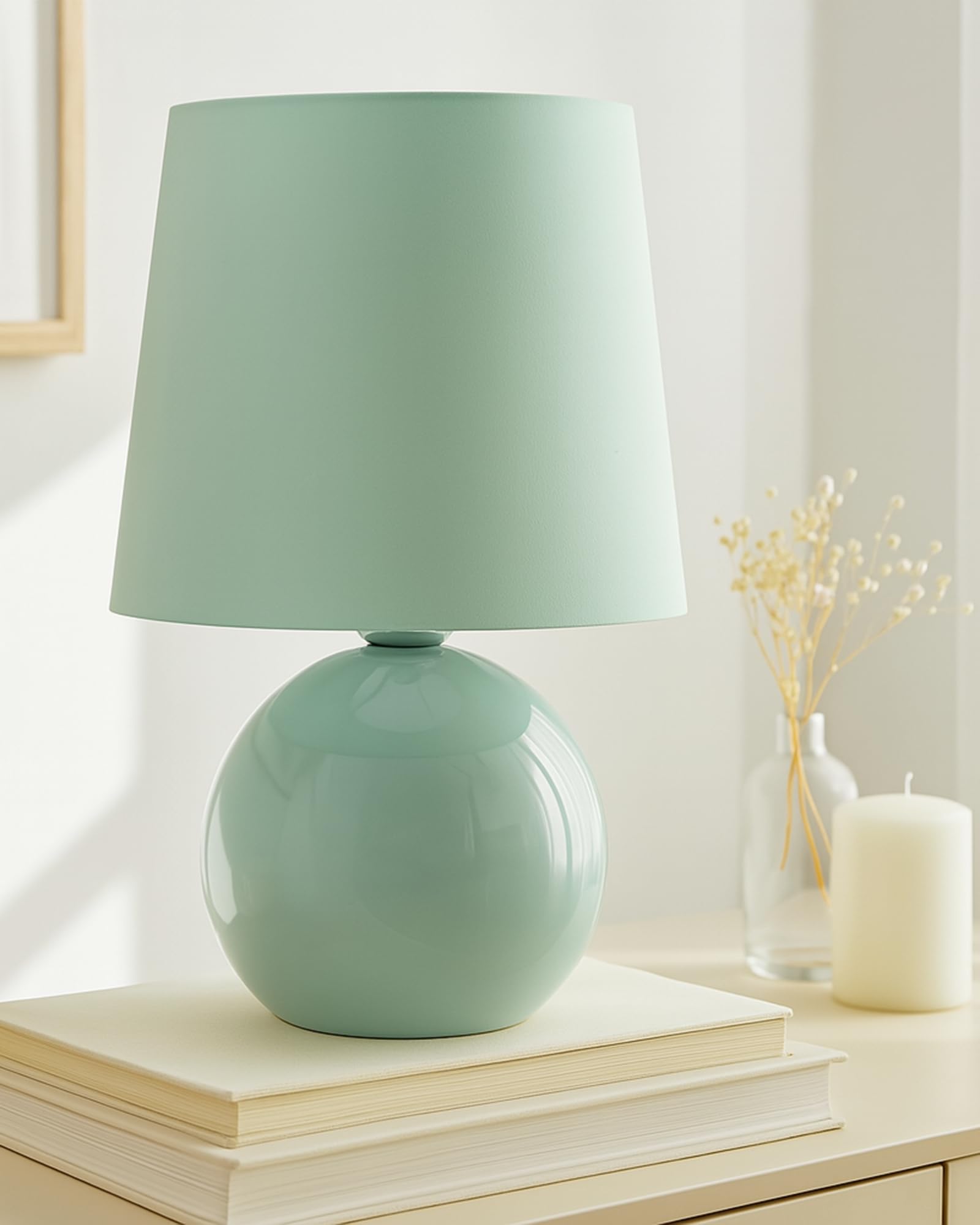Homesake® Bedside Ceramic Incandescent Table Lamp,Classic Desk Lamp for Living Room Bedroom,Farmhouse Nightstand Lamps Round with Fabric Shade(Mint Green)