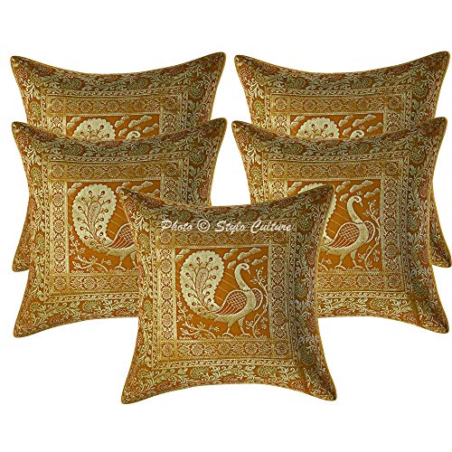 Image of Decorative Brocade Cushion Covers 16x16 Inch Banarasi Jacquard Weave Mustard Yellow & Gold Home Decor Peacock Traditional Square 40x40 cm Zippered Sofa Settee Pillowcases -Set of 2 Pcs