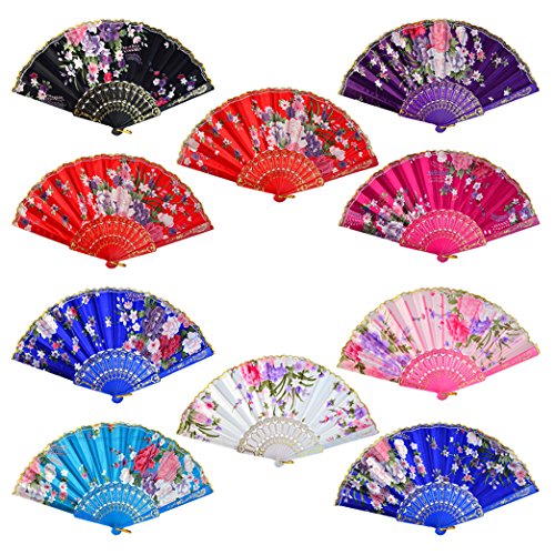Lee-buty 10pcs Floral Folding Hand Fan Flower Pattern Gold Side Lace Handheld Folding