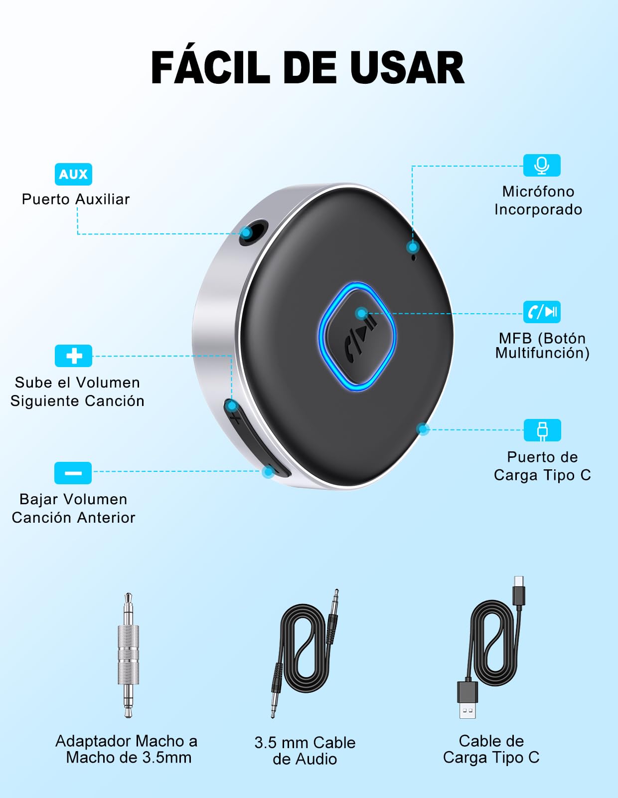 Mohard Receptor Bluetooth 5.0, AUX Adaptador Bluetooth Coche Audio Jack 3.5mm para Estéreo Domestico/Altavoz/Auriculares con Cable, Llamadas Manos Libres y Conexión Dual, Tiempo de Reproducción 16H — view 5