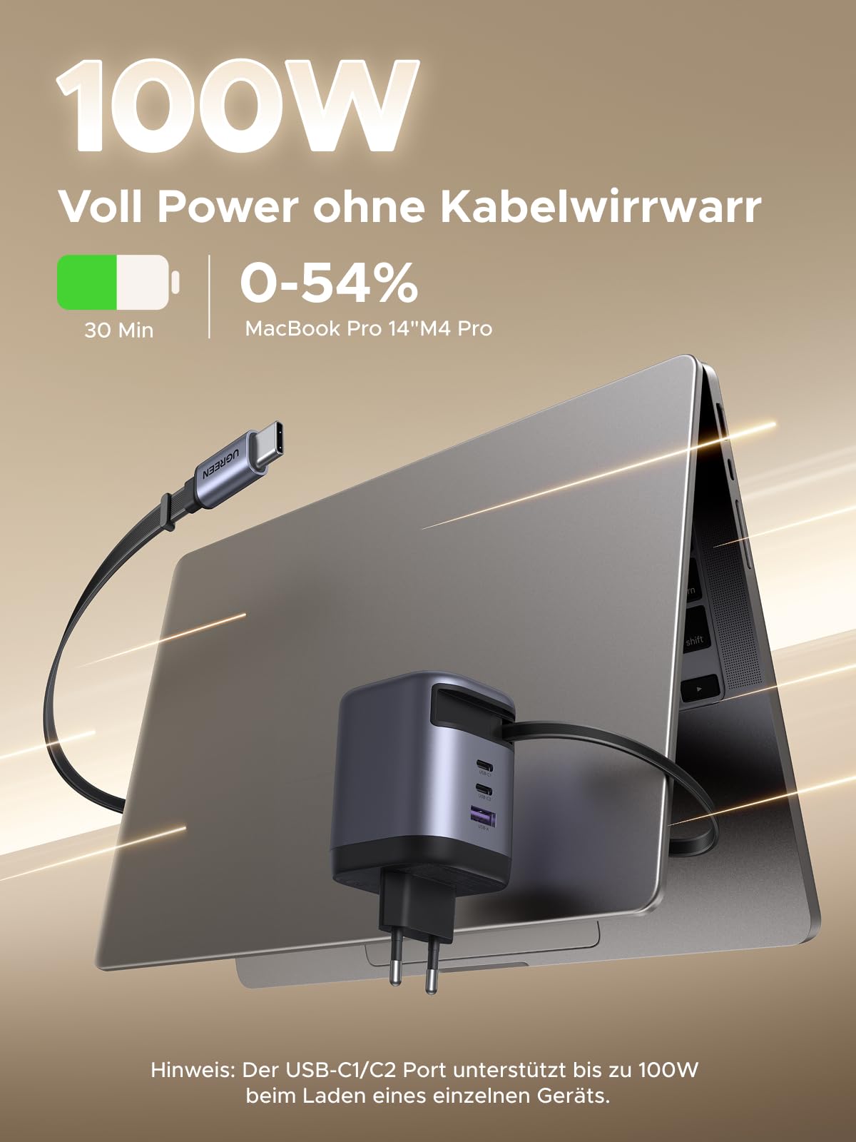 UGREEN Nexode 100W USB C Ladegerät mit Einziehbarem Kabel 4-Port GaN Netzteil Retractable Charger mit Ladekabel für Laptop kompatibel mit MacBook Pro/Air, Galaxy S-A Serie, iPhone 16-8 Serie, iPads