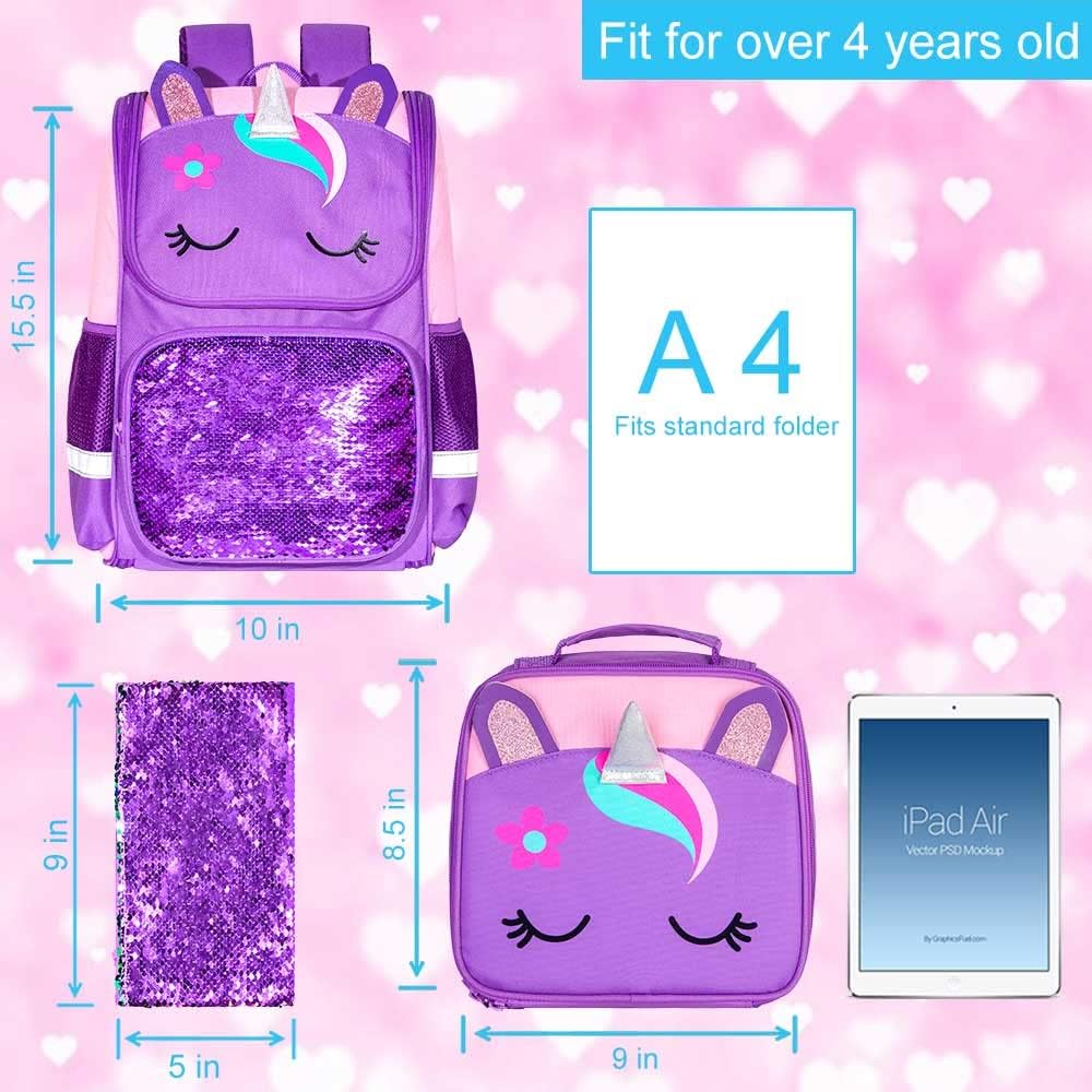 UFNDC 3PCS Unicorn Backpack, 15" Girls Sequin Bookbag with Lunch Box, Purple Kids School Bag for Elementary Preschool Toddler - Image 5