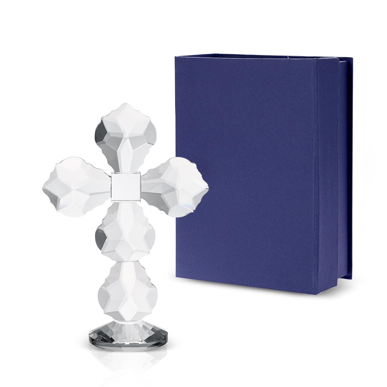 ELLDOO Crystal Cross Decor, Crystal Cross Traditional Standing Cross On Base with Gift Box, Maple Leaf Glass Tabletop Cross Figurine Ornament, Clear