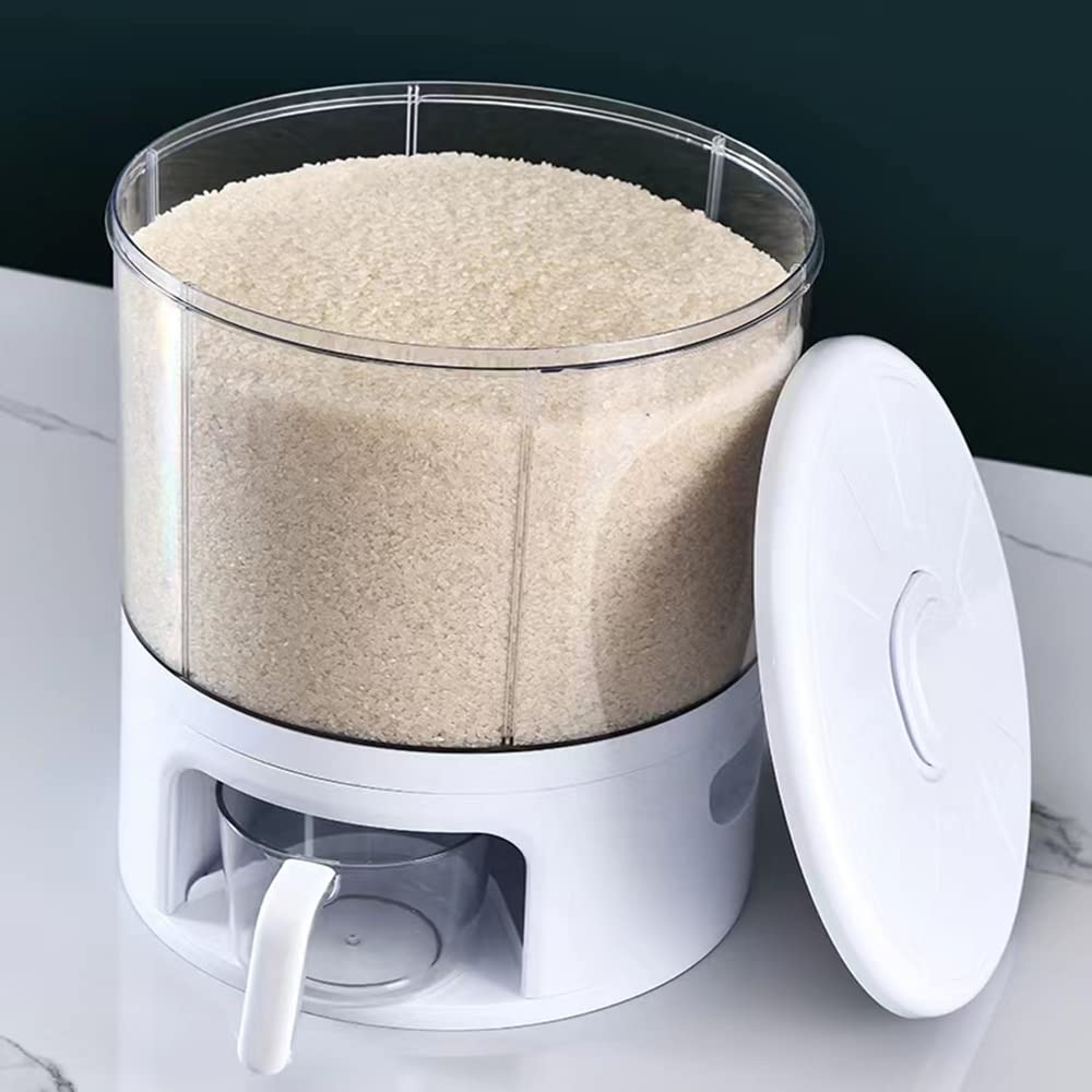 10KG Reis, Mehl, Aufbewahrungsbehälter für Trockenfutter, Aufbewahrungsbox für Vollkornreis, Dezimeter mit Deckel und Messbecher, 360° weiß
