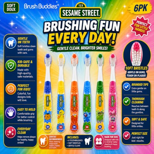 Image of Brush Buddies Sesame Street Toothbrushes for Kids, Soft Bristle Toddler Toothbrushes Ages 2-4, Fun Sesame Street Designs, 6-Count Set