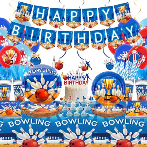 KEFAN Bowling Birthday Party Decorations Bowling Theme Party Tableware Supplies including HAPPY BIRTHDAY Banner Plates Cups Napkins Tablecloth Balloons for Bowling Birthday Party Serves 20