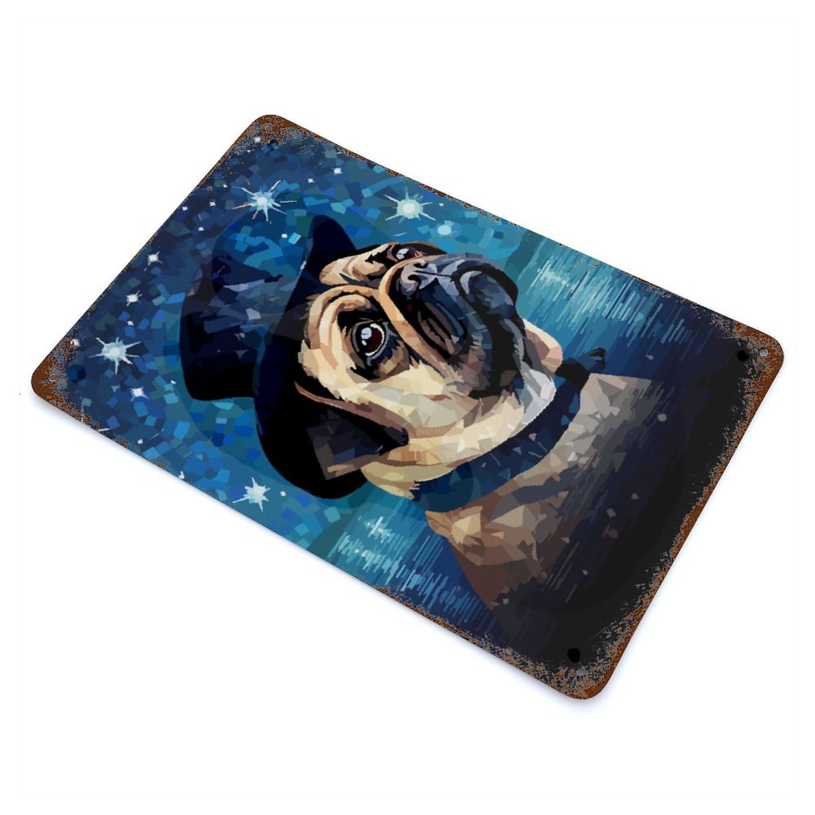 Pug Top Hat Pixel Art Decorative Tin Sign 11.8"x7.9", for Bistro, Counter And Cafe Decor, Retro Wall Decor