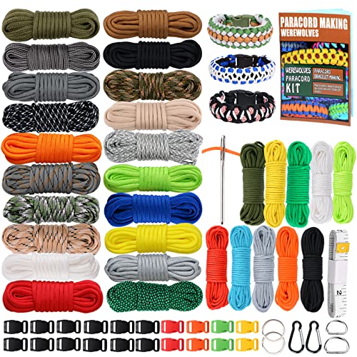 Paracord 550, 4MM Paracord 20 Colors & 2MM Micro Paracord Rope 10 Colors with Instructions Book, Paracord Bracelet Combo Crafting Kits, Parachute Cord and Complete Accessories (Forest)