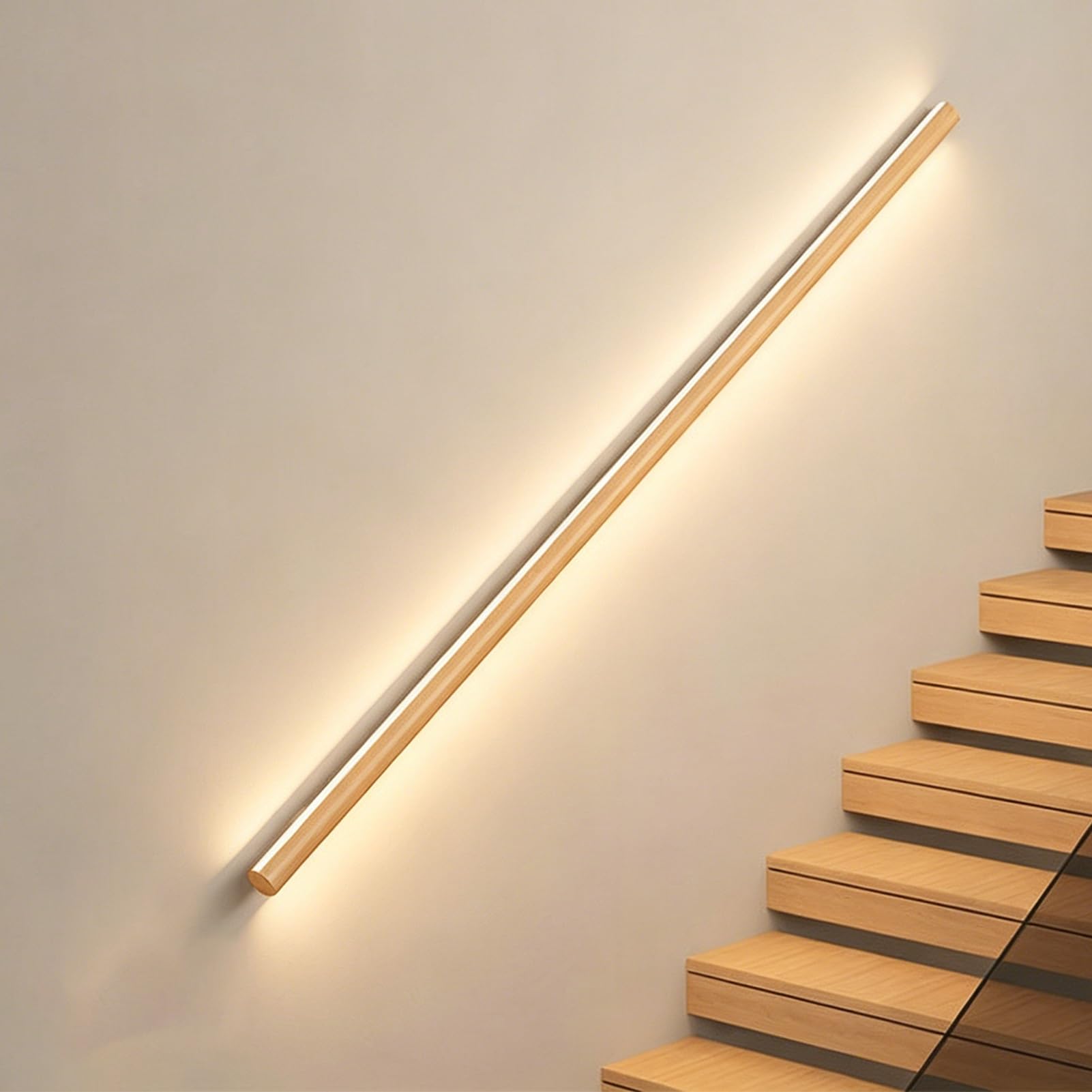 Illuminated Sensor Activated Stair Handrail, Fall Protection Safety Lighted Handrail, Ambient Minimalist Support Stair Railing for Porch Entrance(Left Wood,6.2ft/1.9m)