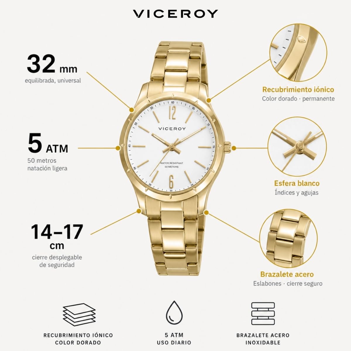 Viceroy Reloj Mujer Elegante para Vestir de Acero Inoxidable - 32 mm - Movimiento de Cuarzo - Bisel Dorado - 401342