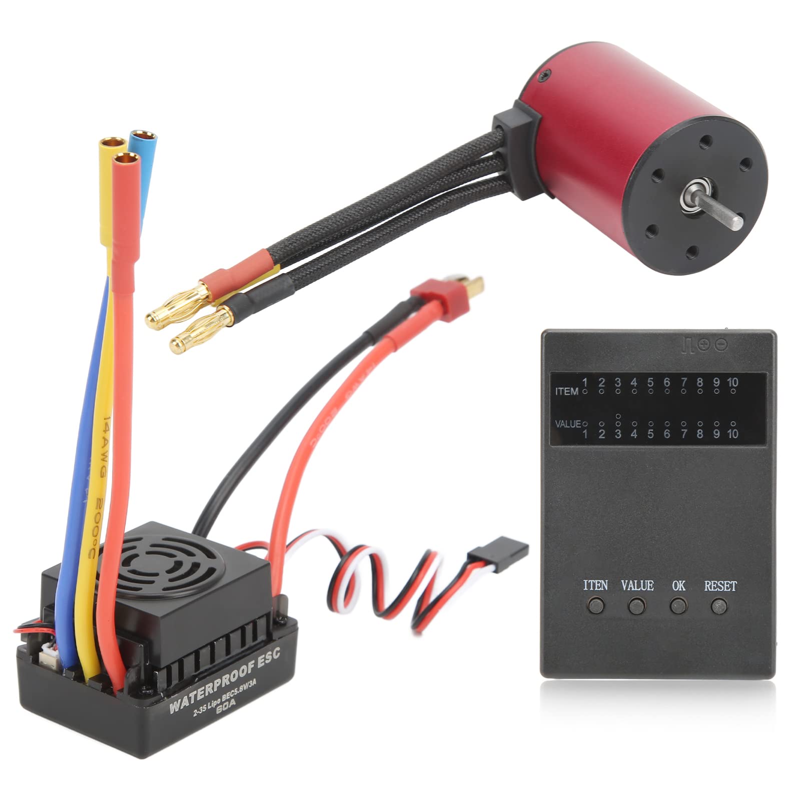 Changor Bezszczotkowy Silnik RC ESC Combo Wodoodporny 60A z kartą Programowania do Samochodów RC 1/8 1/10 Czerwony Stop Aluminium