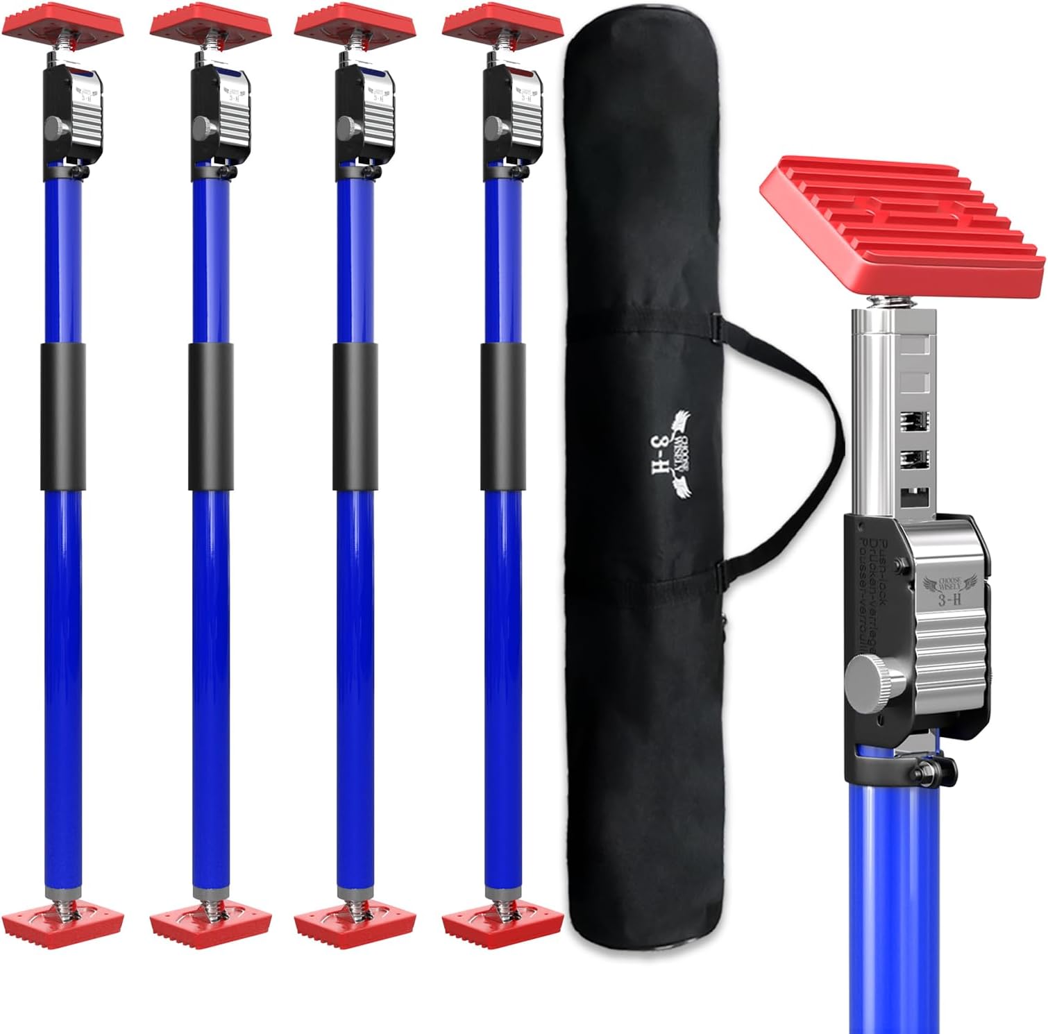 3-H Third Hand Telescopic Support Pole Heavy Duty, All-Steel Support Rod for Cabinet Jacks Cargo Bars Drywall Support-165 lbs Capacity and Extends from 29.5 to 52 Inch, 4 Pack(Blue)