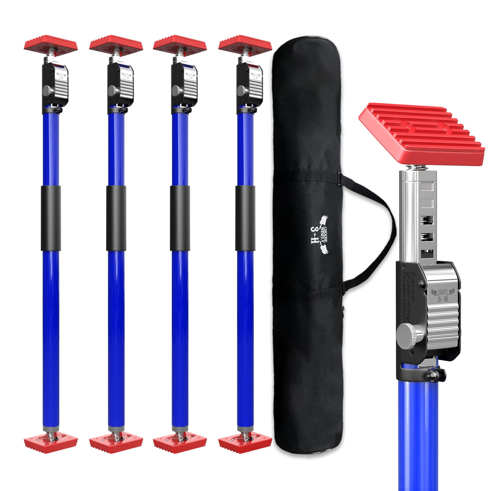 3-H Third Hand Telescopic Support Pole Heavy Duty, All-Steel Support Rod for Cabinet Jacks Cargo Bars Drywall Support-165 lbs Capacity and Extends from 29.5 to 52 Inch, 4 Pack(Blue)