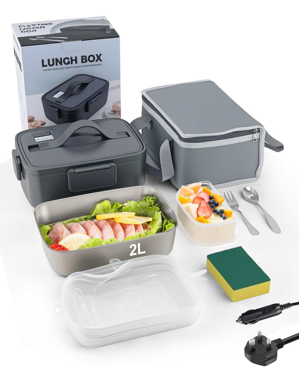 Scaldavivande Elettrico Portatile da 100W, 2L Portapranzo Termico con Vassoio in Acciaio Inossidabile Rimovibile, Set Posate, Borsa Termica, Ideale per Ufficio, Auto, Scuola, Bambini Nero