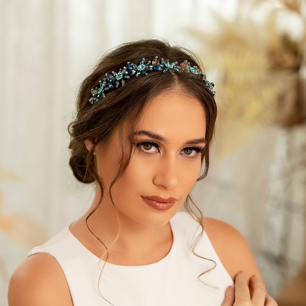 Formery Blue Rhinestone Headband Bling Crystal Hairband Party Prom Beaded Flower Headpiece Hair Accessories for Women - Image 7