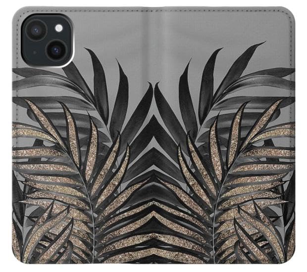 Étui iPhone 15 Plus à rabat en cuir motif feuilles de palmier gris et noir