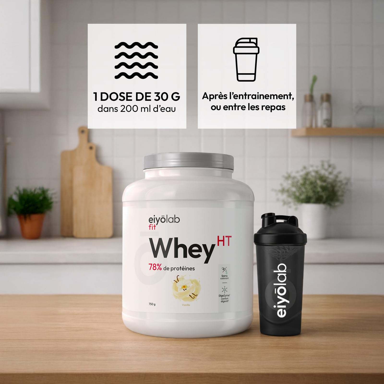 WHEY HT | Jusqu’à 78% de Protéines | Riche en BCAA & Glutamine | Construction Musculaire Rapide | Faible en Calories & Sucres | Digestion Facile | Texture Onctueuse Goût Vanille | 750g | Eiyolab