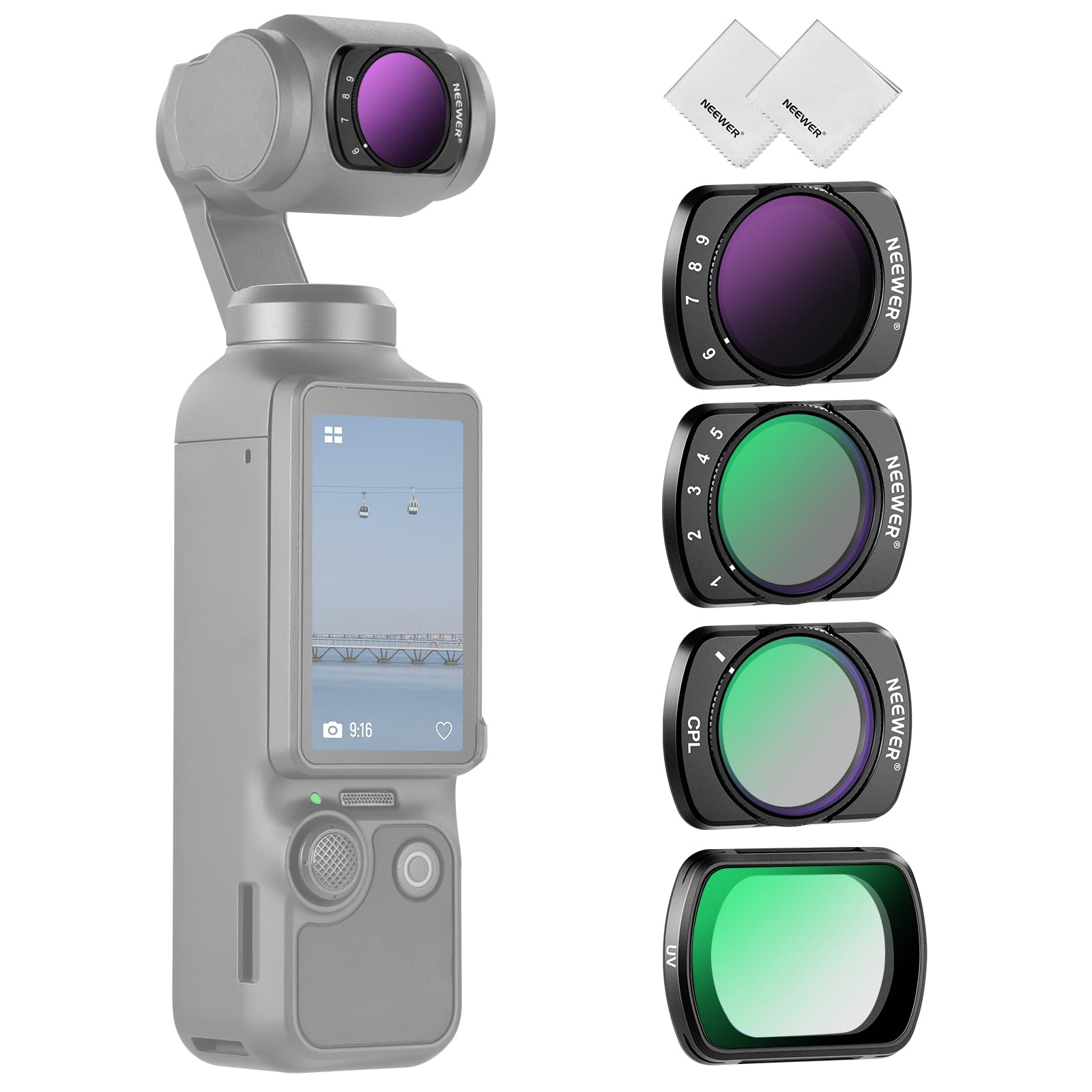 NEEWER Variable ND + CPL + UV Filter Set Compatible with DJI Osmo Pocket 4 & 3 Creator Combo Accessories, 4 Pack HD ND2-32/ND64-512 Neutral Density