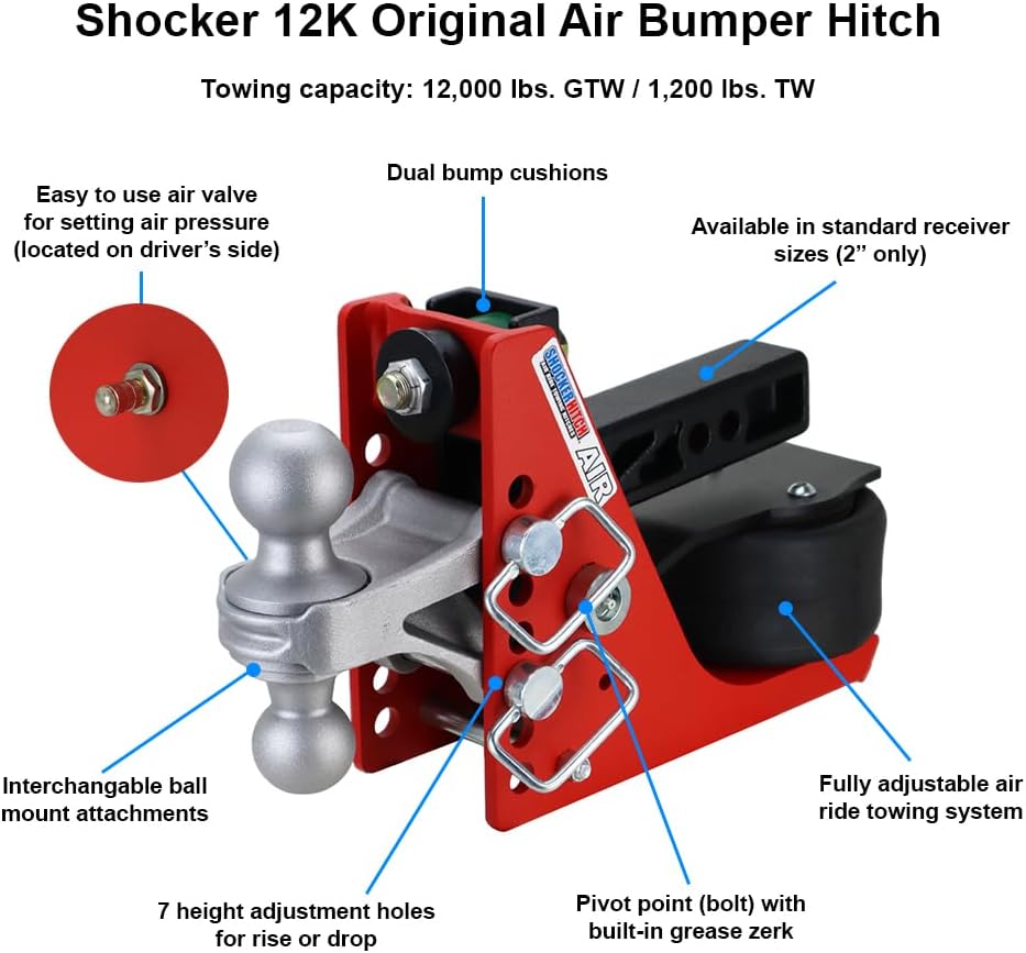Original Shocker Air Ride Receiver Hitch with Silver Combo 2" & 2-5/16" Balls, Fits 2" Hitch - 14,000 lbs - 7 Hole Frame